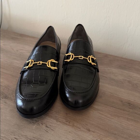 STUART WEITZMAN- Owen Croc-Embossed Leather Bit Loafers- Black&Gold - Picture 7 of 7